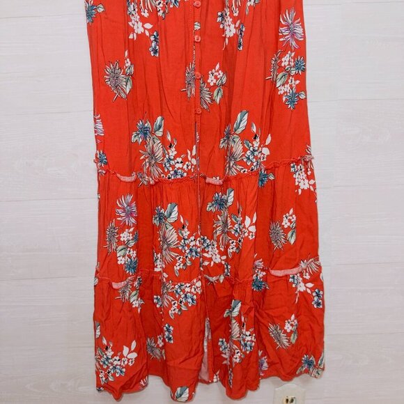Xhilaration Orange Floral Print Short Sleeve Smocked Button Front Midi Dress - Picture 5 of 6